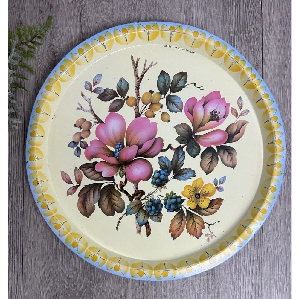 Vintage Jubilee Elite Metal Tray MTM England Flowers 12 1/2" Round Pink Yellow